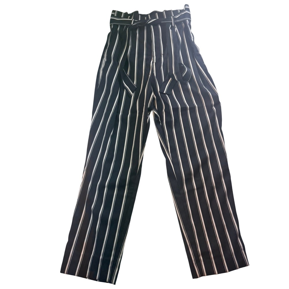 H&M Size 10 Black White Striped High Waist Paper Bag Pants Trousers Belted